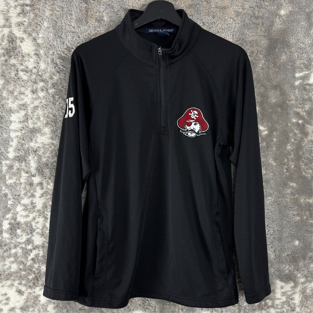 Devon & Jones Size S Mock Neck Pirate Logo 1/4 Zip Sweater Black Long Sleeve